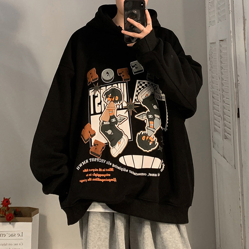Cartoon Hooded Sweater Men's Spring and Autumn American-style hiphop Top High Street West Coast Fashion Brand Jacket with Velvet Thickened