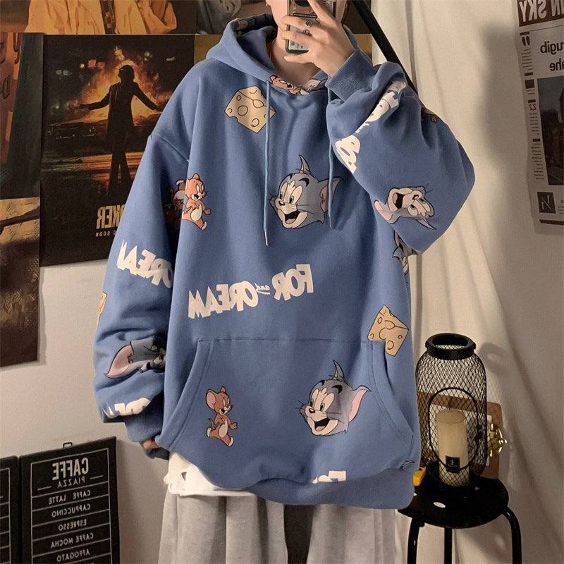 Hooded Sweater Men's Autumn and Winter Velvet Thickened Fashionable Loose ins Jacket bf Lazy Style Student Cartoon Top