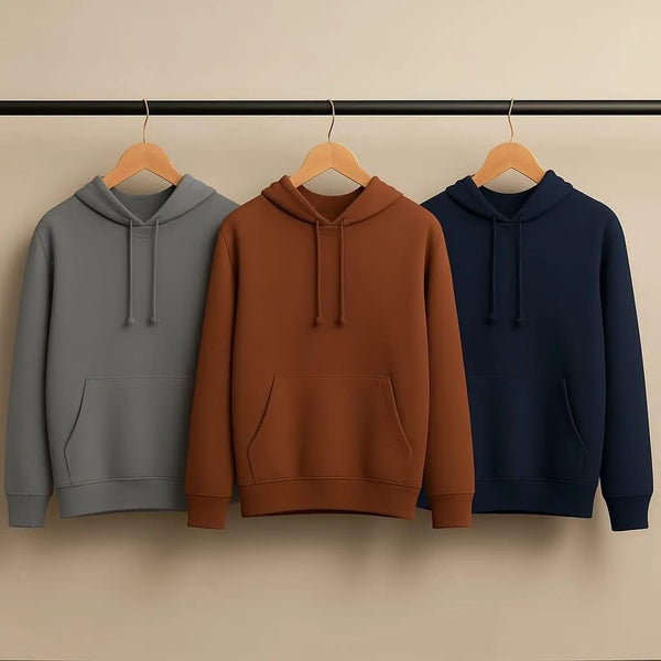 3 Pcs Men's Fleece Plain Hoodie