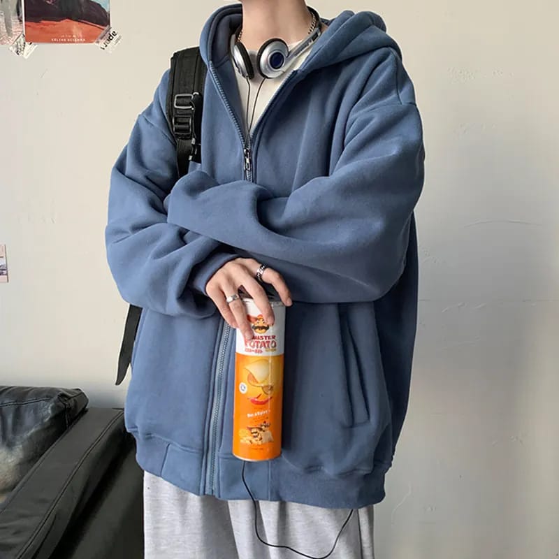 Fleece-lined Zipper Cardigan Sweater Men's ins Autumn and Winter Hong Kong Style Top Loose Trendy Brand Fashionable All-match Hooded Jacket