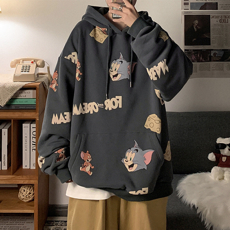 Hooded Sweater Men's Autumn and Winter Velvet Thickened Fashionable Loose ins Jacket bf Lazy Style Student Cartoon Top