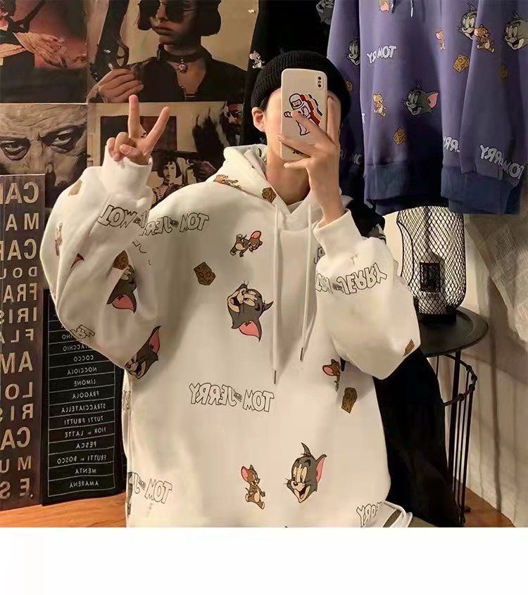 Hooded Sweater Men's Autumn and Winter Velvet Thickened Fashionable Loose ins Jacket bf Lazy Style Student Cartoon Top